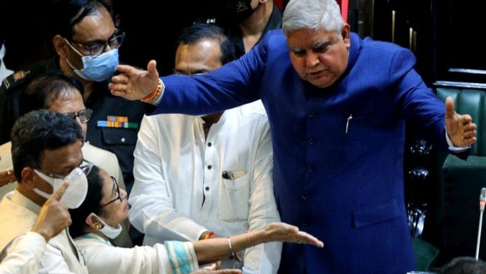 West Bengal Governor Jagdeep Dhankhar and CM Mamata Banerjee at the state legislative assembly Monday | ANI