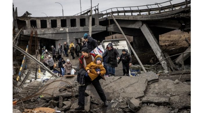 Residents of Ukraine's Irpin, fled heavy fighting as Russian forces approached on 7 March 2022 | Photographer: Chris McGrath/Getty Images via Bloomberg