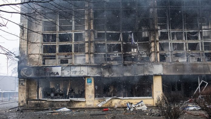 A destroyed building following Russian missile strikes in Kyiv, Ukraine, on 2 March 2022 | Photo: Erin Trieb | Bloomberg