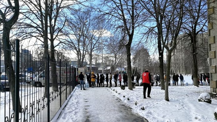 Indian students stranded in Ukraine receive humanitarian assistance from Red Cross Ukraine in Sumy on 6 March 2021 | ANI Photo
