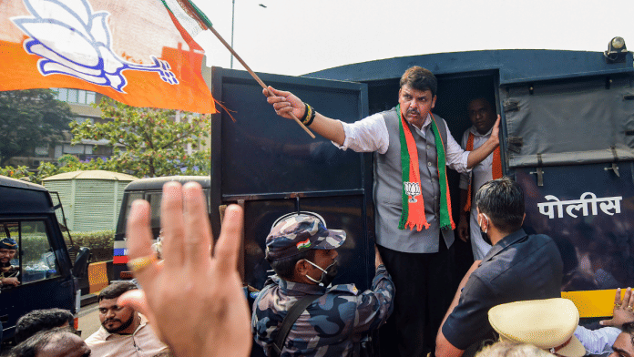 Devendra Fadnavis during a protest rally demanding Nawab Malik's resignation | PTI Photo/Shashank Parade