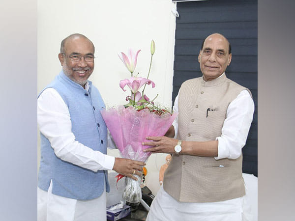 N Biren Singh meets Rajnath ahead of govt formation in Manipur