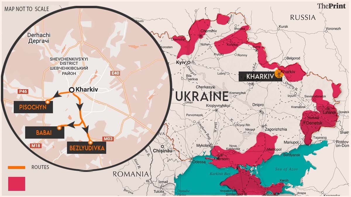   By foot, Pisochyn is 11 km west of Kharkiv's city centre, Bezlyudivka is 16 km south and Babai is 12 km southwest | ThePrint Team  