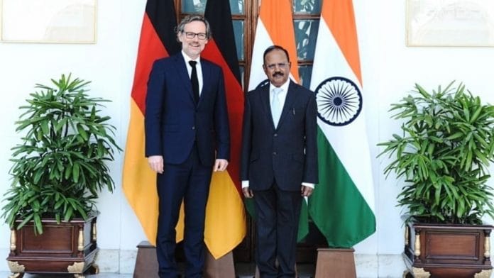 German National Security Advisor Jens Plötner with his Indian counterpart Ajit Doval at Hyderabad House, in New Delhi on 30 March 2022. | Photo by special arrangement