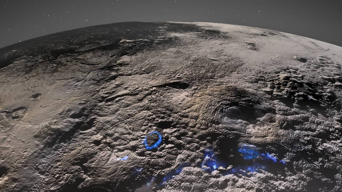 Perspective view of Pluto’s icy volcanic region. The surface and atmospheric hazes of Pluto are shown here in greyscale, with an artistic interpretation of how past volcanic processes may have operated superimposed in blue | NASA/Johns Hopkins University Applied Physics Laboratory/Southwest Research Institute/Isaac Herrera/Kelsi Singer