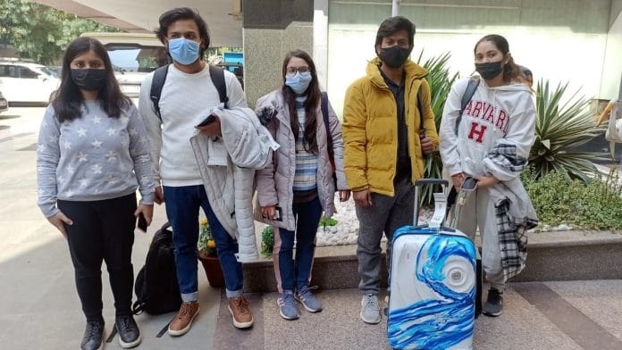 Tiyasha Biswas (extreme left), a student in Lviv, with other Indian students rescued from Ukraine, at Banga Bhawan in New Delhi | Photo by special arrangement