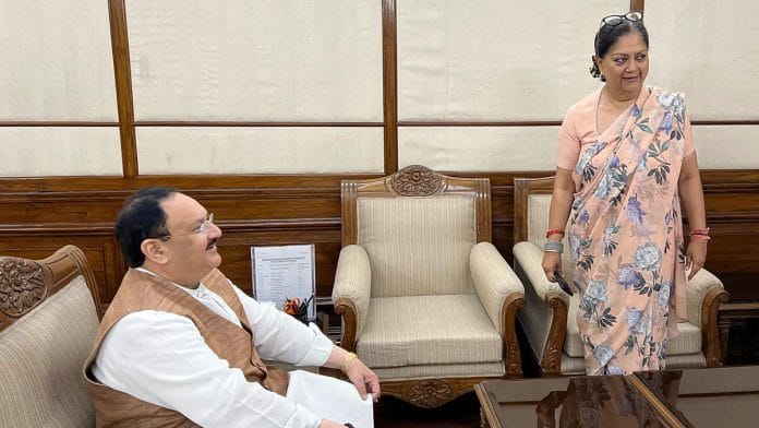 Former Rajasthan CM Vasundhara Raje at her meeting with BJP chief J.P. Nadda on 29 March | Photo: ANI