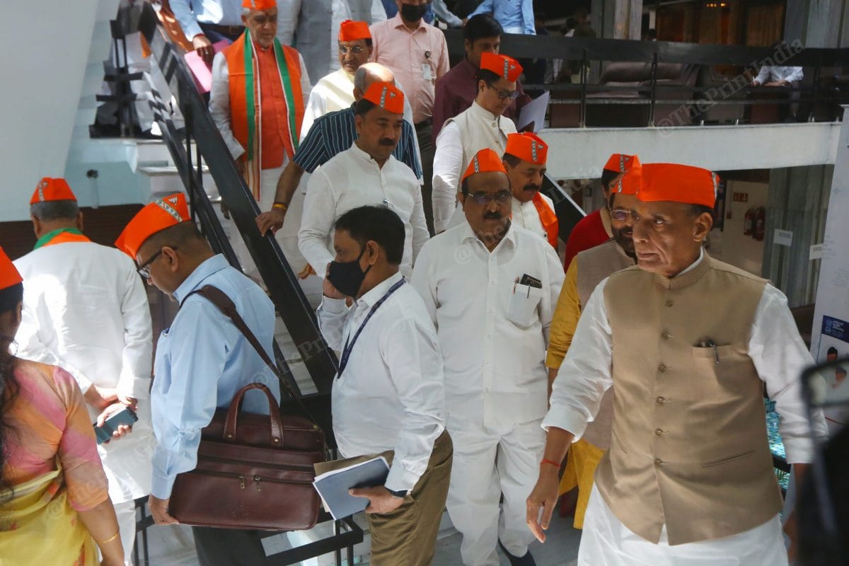 BJP leaders exit after Prime Minister Narendra Modi's address at the Foundation Day event at Parliament Annexe | Photo: Praveen Jain | ThePrint