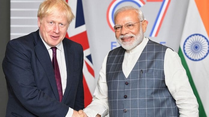 A file picture of PM Narendra Modi with British PM Boris Johnson, on the sidelines of the G7 Summit, in Biarritz, France in 2019. | PIB