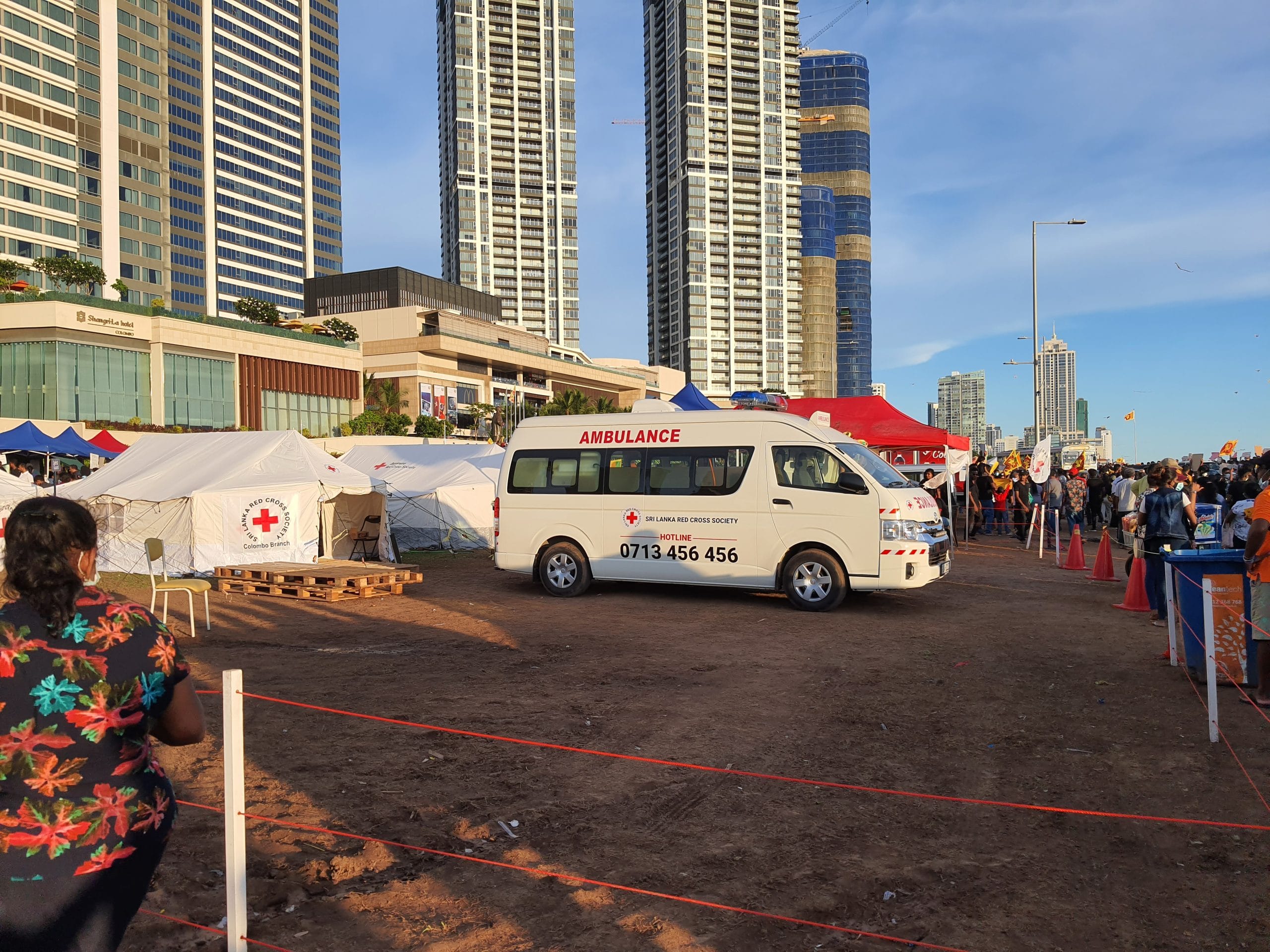 Portable toilets, phone charging stations, power generators, stoves, gas cylinders, health care from the Sri Lanka Red Cross Society with an ambulance, and a ‘psychology unit’ offer counselling for protesters. | Photo: Regina Mihindukulasuriya