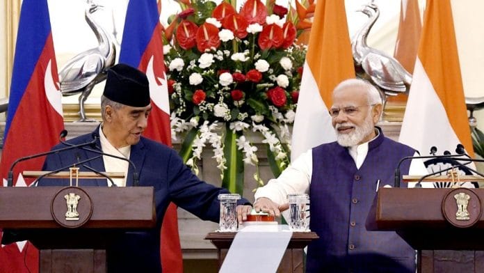PM Narendra Modi(R) and Nepal PM Sher Bahadur Deuba jointly inaugurate multi projects, at Hyderabad House, in New Delhi on 2 April 2022 | Photo: ANI