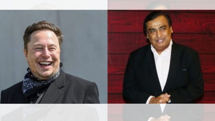 Elon Musk (L) and Mukesh Ambani