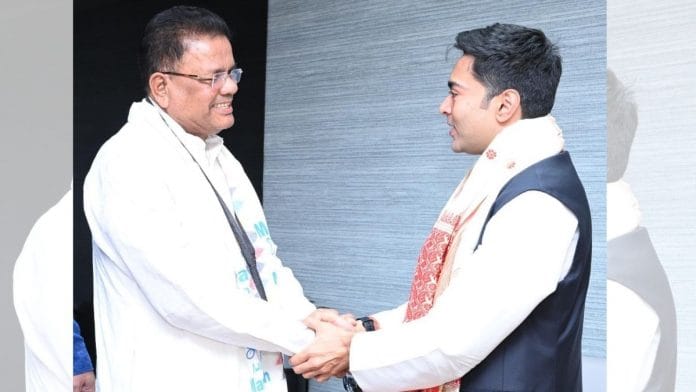 Former Assam Congress president Ripun Bora (left) with TMC's national general secretary Abhishek Banerjee, on 17 April 2022 | Twitter/@AITC4Assam