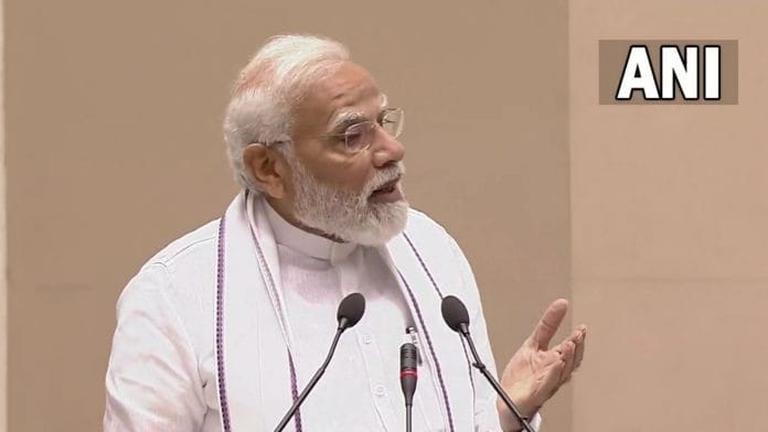 Prime Minister Narendra Modi addressing a joint conference of chief ministers and chief justices of high courts in New Delhi, on 30 April 2022 | Twitter/ANI