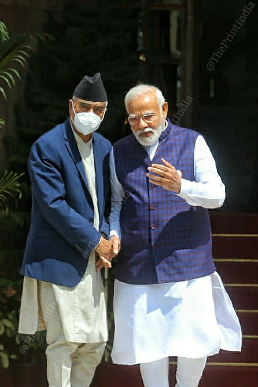 PM Narendra Modi and Nepal PM Sher Bahadur Deuba shake hands | Photo: Praveen Jain | ThePrint