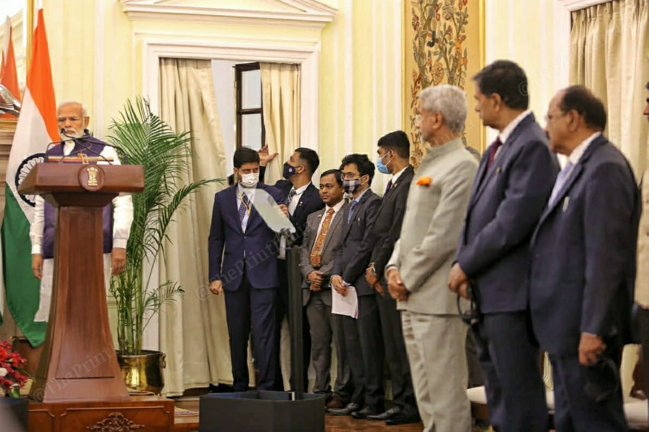 PM Narendra Modi addresses the media. External Affairs Minister S. Jaishankar at the venue | Photo: Praveen Jain | ThePrint
