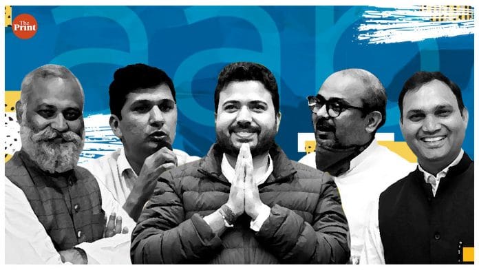 (From left) AAP leaders Somnath Bharti, Saurabh Bhardwaj, Durgesh Pathak, Dilip Pandey and Ajay Dutt | Image: ThePrint Team