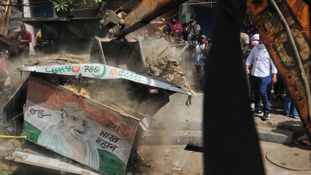A stall is demolished during the demolition drive at Jahangirpuri in northwest Delhi on 20 April | Photo: Suraj Singh Bisht | ThePrint