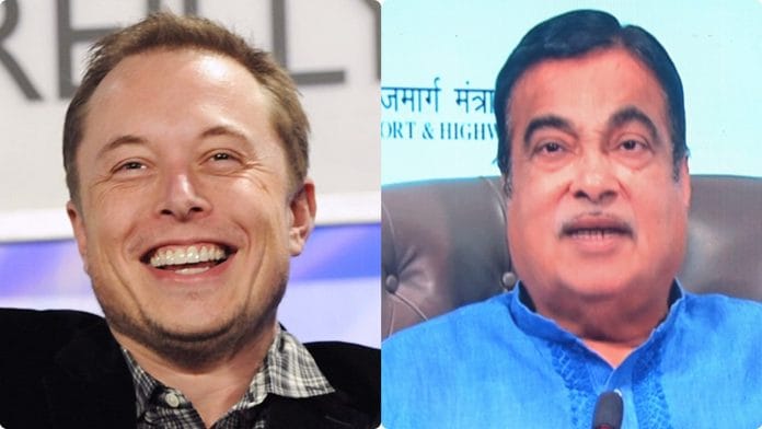 Tesla chief Elon Musk (L) and Union Minister Nitin Gadkari