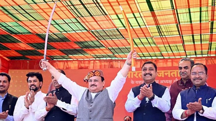 File photo of BJP national president JP Nadda, Union Minister Anurag Thakur, and Himachal Pradesh Chief Minister Jai Ram Thakur at a public meeting in Shimla | ANI