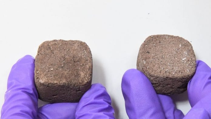 The mixture for the brick is a slurry made out of the simulant and guar gum, a fibre extracted from the guar bean. | Twitter | @iiscbangalore