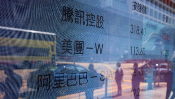 An electronic screen displays the stock figures for companies including Tencent Holdings Ltd., Meituan and Alibaba Group Holding Ltd. in Hong Kong, China, on Tuesday, March 15, 2022 | Bloomberg