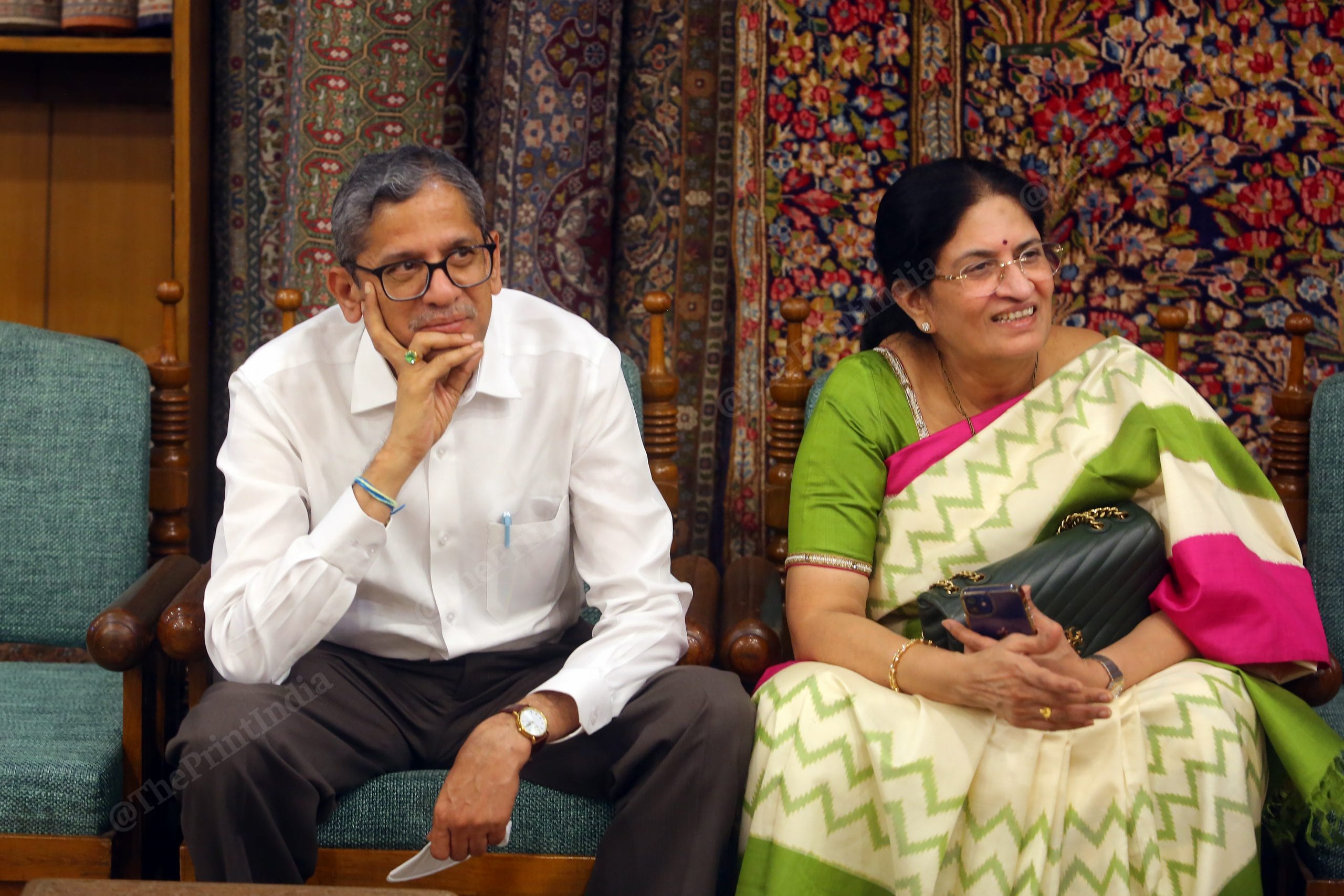 CJI Ramana and his wife sit amidst Kashmiri carpets in Srinagar | Photo: Praveen Jain | ThePrint