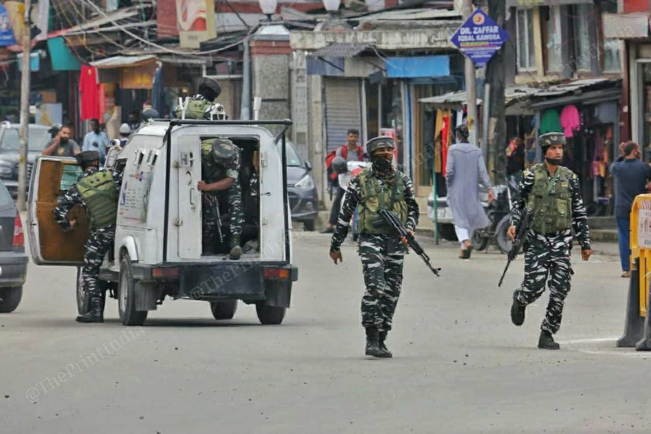 Security forces patrol the streets near the Jama Masjid in Srinagar | Credit: Praveen Jain | ThePrint