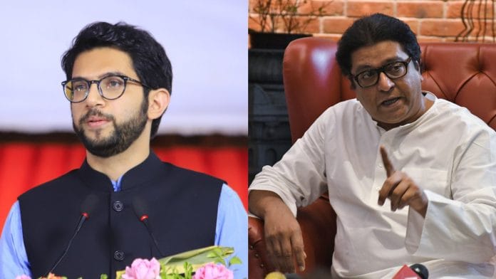 Shiv Sena leader Aditya Thackeray (L) and MNS chief Raj Thackeray