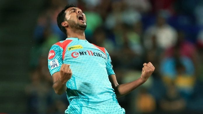 Lucknow Super Giants' Mohsin Khan celebrates a dismissal during an IPL 2022 match against Gujarat Titans at the Maharashtra Cricket Association Stadium in Pune | Photo: ANI