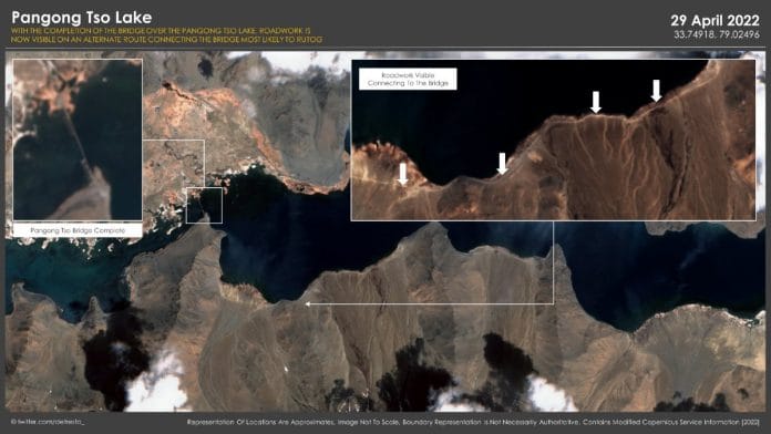 Infrastructure build-up While the stand-off was on in the southern banks of Pangong Tso, between September 2020 and mid-2021, the Chinese had built a new road to the Moldo garrison to circumvent the visibility arc of the Indian soldiers and equipment on top of advantageous heights. As reported by ThePrint earlier, China ramped up its infrastructure build-up along the Line of Actual Control (LAC) even during the stand-off. This included the construction of new roads, surface-to air-missile sites, heliports, and dwellings among others. India, too, has carried out infrastructure build-ups along the LAC with the construction of new roads, tunnels, underground ammunition depots, and the induction of new warfighting equipment. | Twitter | @detresfa_