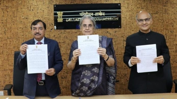 Chief Election Commissioner Sushil Chandra (L), former Supreme Court judge Ranjana Prakash, State Election Commissioner KK Sharma (R), signed the final order for delimitation of the UT, on 5 May 2022 | Twitter/@ANI