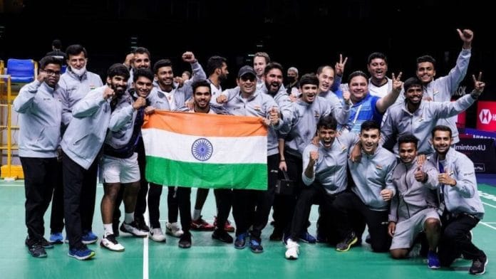 Indian men’s badminton team pose for a group photo with the tricolour after winning the Thomas Cup | Twitter/@GautamGambhir