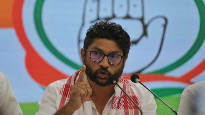 Independent Gujarat MLA Jignesh Mevani briefing the media at the AICC headquarter in New Delhi, on 2 May 2022 | Photo: Suraj Singh Bisht | ThePrint