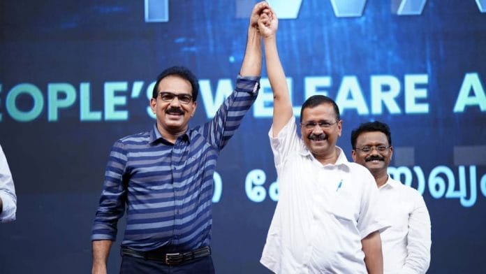 Arvind Kejriwal with M. Sabu Jacob, chief coordinator of Twenty20 in Kerala Sunday | Twitter | @AamAadmiParty