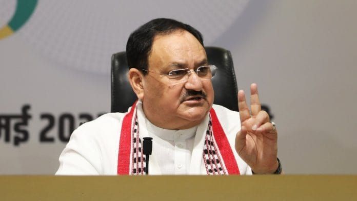 BJP president J.P. Nadda at the press conference held at the party headquarters in Delhi Monday | Credit: Twitter/@JPNadda