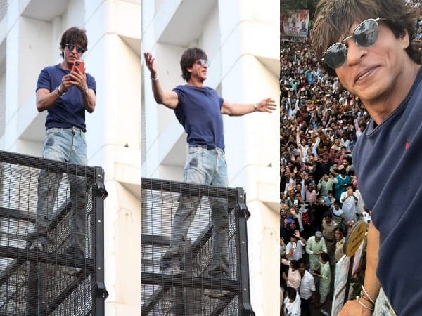 Shah Rukh Khan strikes his iconic pose for fans from 'Mannat' on Eid