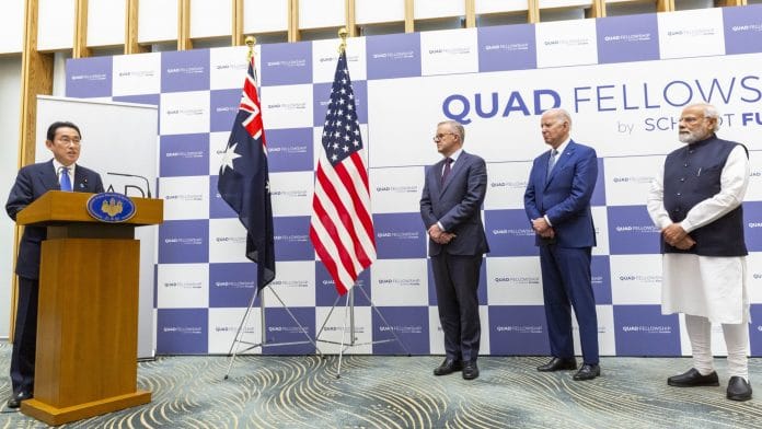 Japan's Prime Minister, Fumio Kishida (L) speaks as Australia's PM Anthony Albanese, US President Joe Biden, and India's PM Narendra Modi listen during the Japan-U.S.-Australia-India Fellowship founding celebration event in Tokyo, Japan, on 24 May 2022 | Photo: Yuichi Yamazaki | Getty Images via Bloomberg