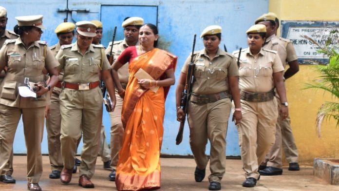 File photo of Nalini Sriharan, a convict in Rajiv Gandhi assassination case, being released on parole from Vellore central prison to make arrangements for her daughter's wedding, in 2019 | ANI