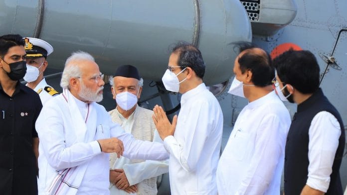 Maharashtra CM Uddhav Thackeray receives PM Narendra Modi at INS Shikra in Mumbai Tuesday | Twitter @OfficeofUT