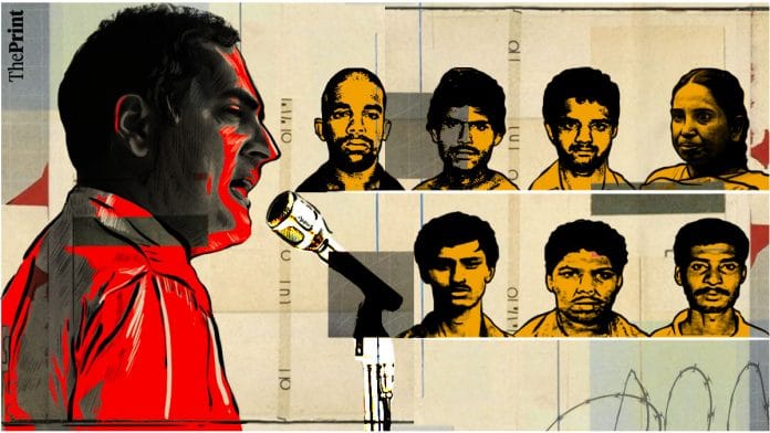 From left: Murugan, Santhan, AG Perarivalan, Nalini Sriharan, Ravichandran, Robert Payas and Jayakumar | ThePrint Team