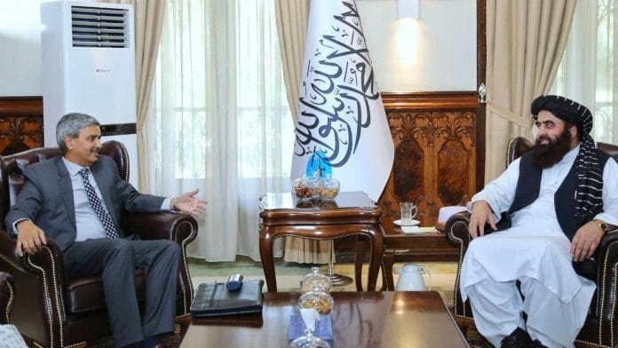 J.P.Singh, joint secretary (Pakistan, Afghanistan and Iran Division), MEA meets Taliban's interim foreign minister Amir Khan Mottaki |Photo credit: Twitter/@QaharBalkhi