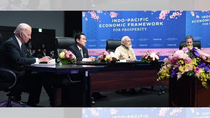 (From left) US President Joe Biden, Japanese Prime Minister Fumio Kishida, Prime Minister Narendra Modi and US Secretary of State Antony Blinken at the launch of the Indo-Pacific Economic Framework (IPEF) for Prosperity, in Tokyo, 23 May 2022 | Credit: ANI Photo/PIB