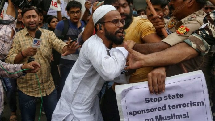 Students and activists protesting at Jantar Mantar against demolition of Afreen Fatima's home in UP's Prayagraj, on 13 June 2022 | Photo: Manisha Mondal | ThePrint