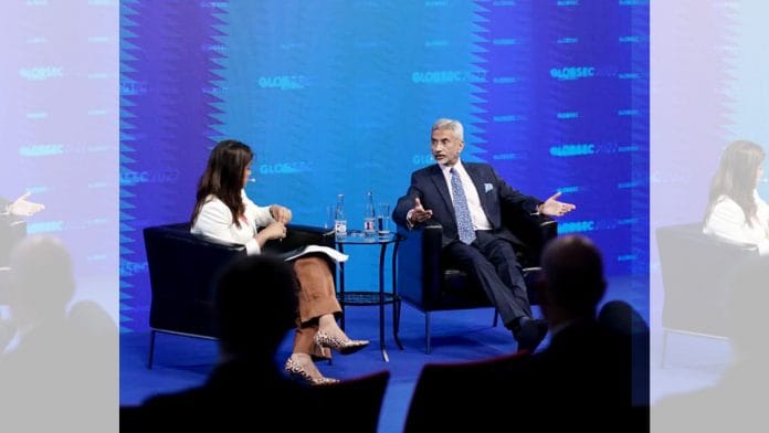 External Affairs Minister S. Jaishankar speaking at GLOBSEC 2022 Bratislava Forum on 3 June, 2022 | Dr S. Jaishankar Twitter | ANI Photo