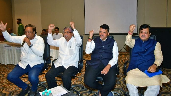 BJP Maharashtra president Chandrakant Patil, Leader of Opposition in Legislative Assembly Devendra Fadnavis and Pravin Darekar, leader of Opposition of Maharashtra Legislative Council during a party MLA and leader meeting in Mumbai Sunday | ANI
