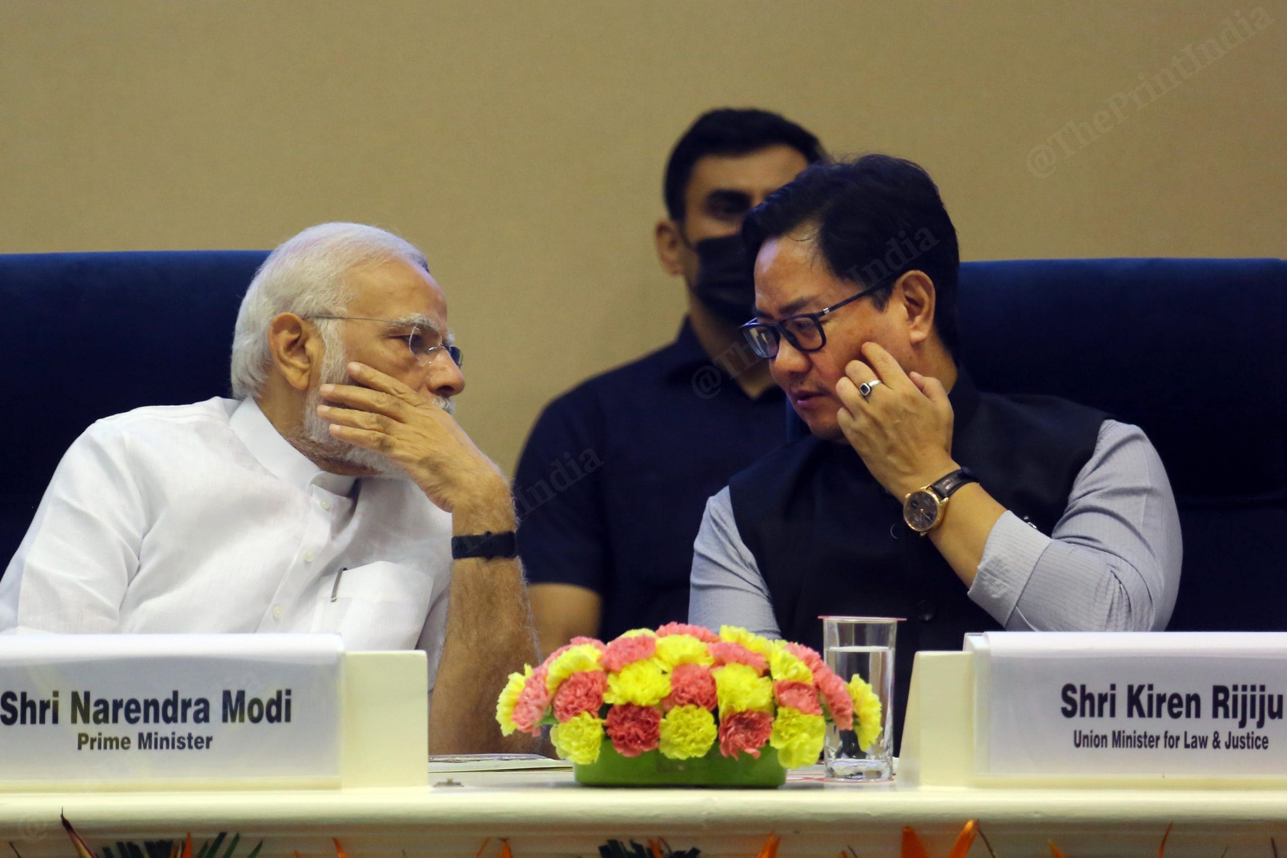 Prime Minister Narendra Modi and Law & Justice Minister Kiren Rijiju during an event at Vigyan Bhawan | Praveen Jain | ThePrint