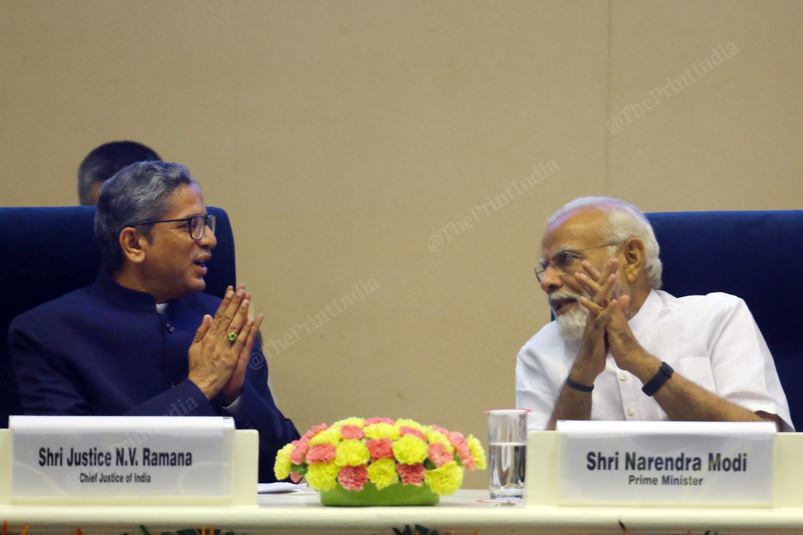 Prime Minister Narendra Modi with Chief Justice of India N.V. Ramana during the inaugural session of First All India District Legal Services Authorities Meet, at Vigyan Bhawan in New Delhi | Praveen Jain | ThePrint