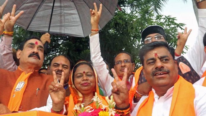 MP CM Shivraj Singh Chouhan celebrates at BJP state headquarters after the annoucement of the local body election results | ANI