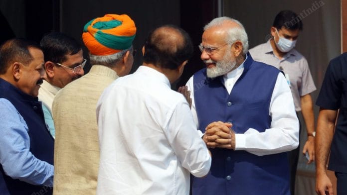 Prime Minister Narendra Modi heads towards the dais in order to address the media, at Parliament House Monday | Praveen Jain | ThePrint
